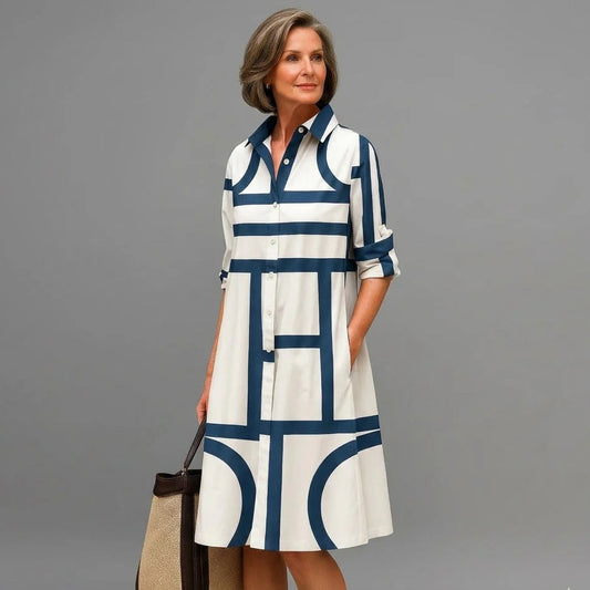 Women's Geometric Print Midi Dress | Shirt Collar Long Sleeve Everyday Wear 2