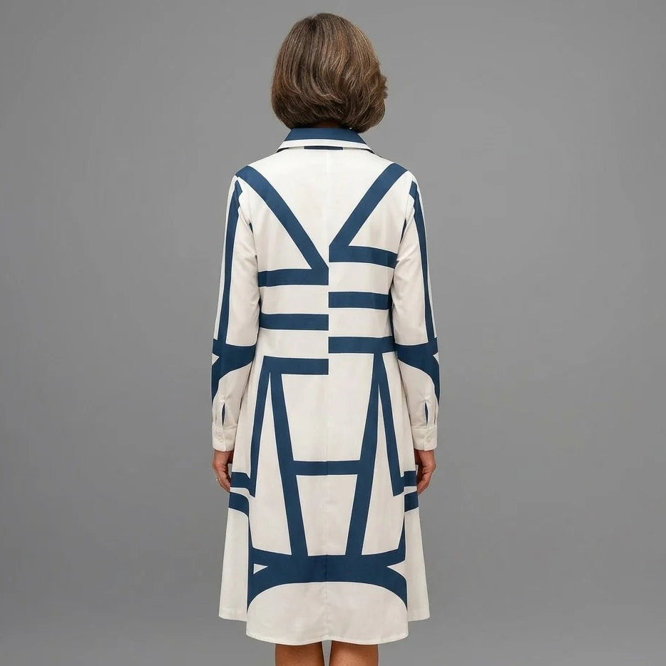 Women's Geometric Print Midi Dress | Shirt Collar Long Sleeve Everyday Wear 3