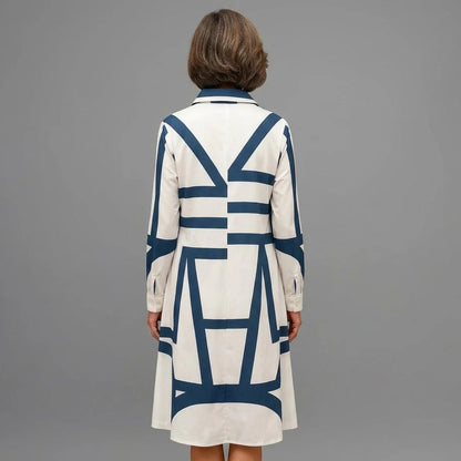 Women's Geometric Print Midi Dress | Shirt Collar Long Sleeve Everyday Wear 3