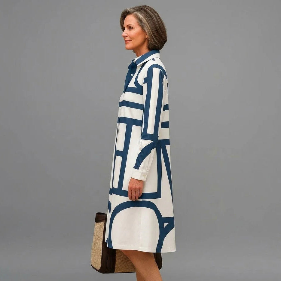 Women's Geometric Print Midi Dress | Shirt Collar Long Sleeve Everyday Wear 4