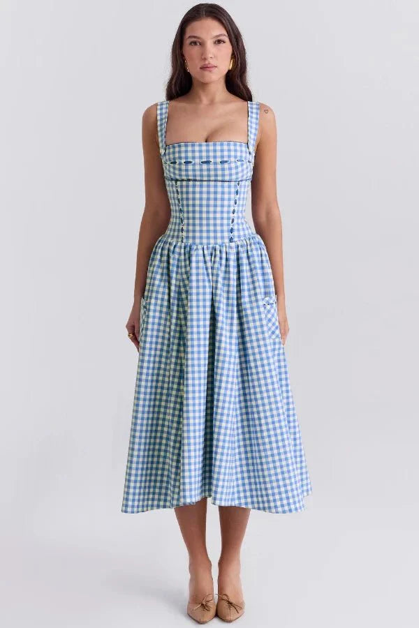 Women's Gingham Midi Dress | Square Neck Pocket Casual Wear 