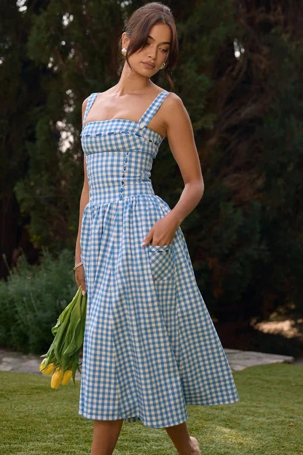 Women's Gingham Midi Dress | Square Neck Pocket Casual Wear 2