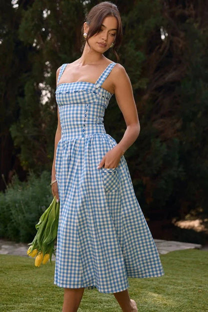 Women's Gingham Midi Dress | Square Neck Pocket Casual Wear 2