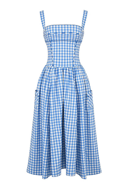 Women's Gingham Midi Dress | Square Neck Pocket Casual Wear 3
