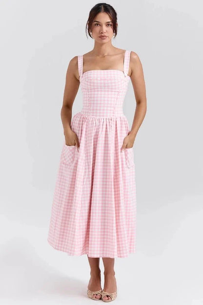 Women's Gingham Midi Dress | Square Neck Pocket Casual Wear 7