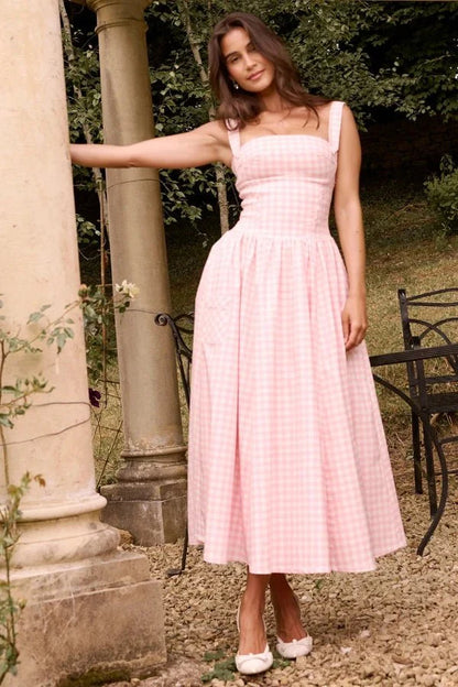 Women's Gingham Midi Dress | Square Neck Pocket Casual Wear 8