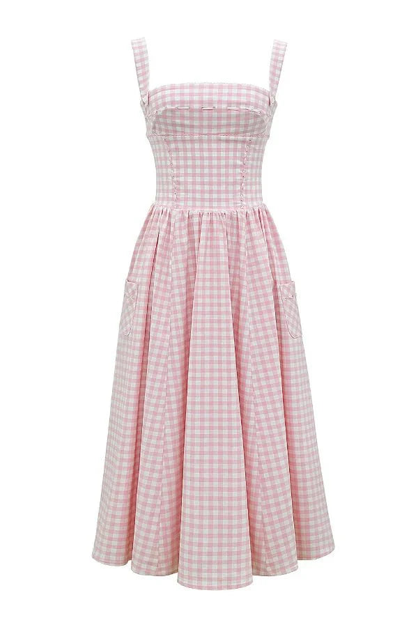 Women's Gingham Midi Dress | Square Neck Pocket Casual Wear 9