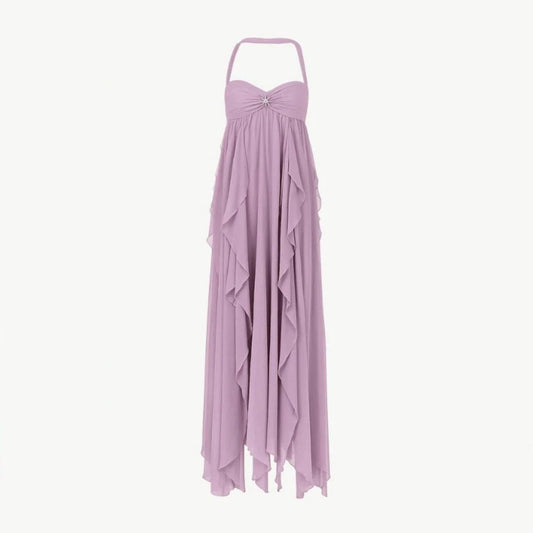 Women's Plain Maxi Dress | Halter Neck Layered Wedding Guest-Women Dress-Sasha Sydney