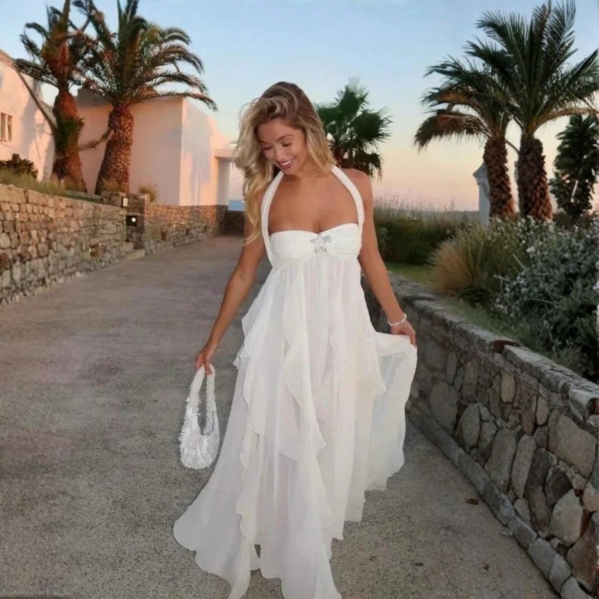 Women's Plain Maxi Dress | Halter Neck Layered Wedding Guest 4