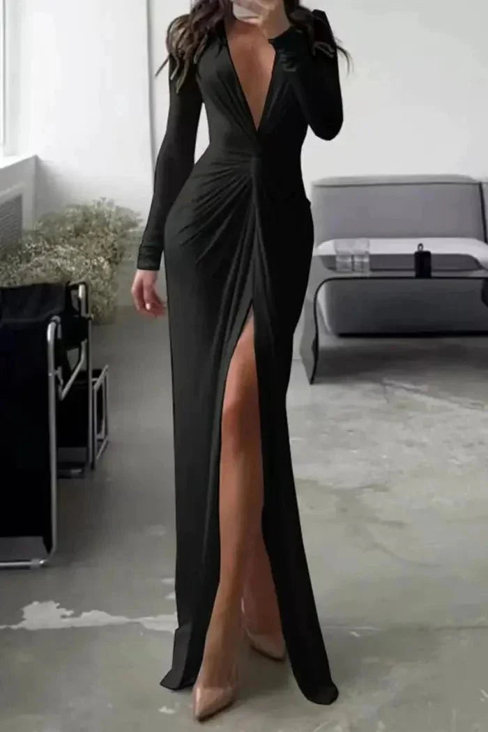 Women's Plain Maxi Dress | Long Sleeve Side Slit Evening Outfit 1