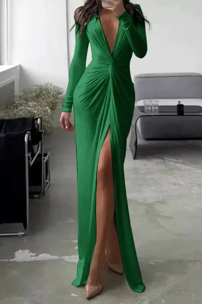 Women's Plain Maxi Dress | Long Sleeve Side Slit Evening Outfit 10