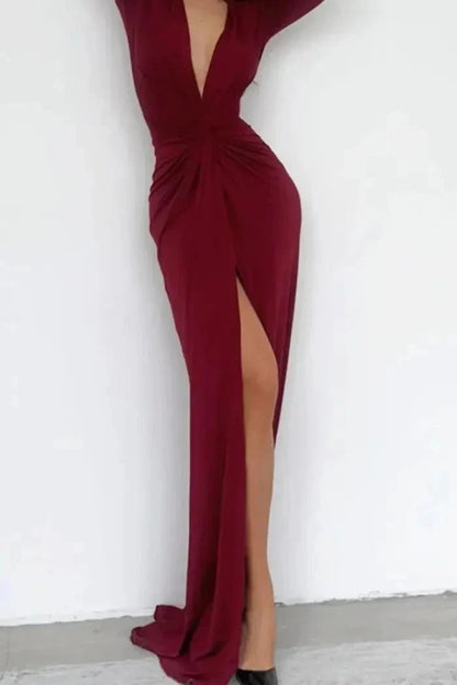 Women's Plain Maxi Dress | Long Sleeve Side Slit Evening Outfit 11