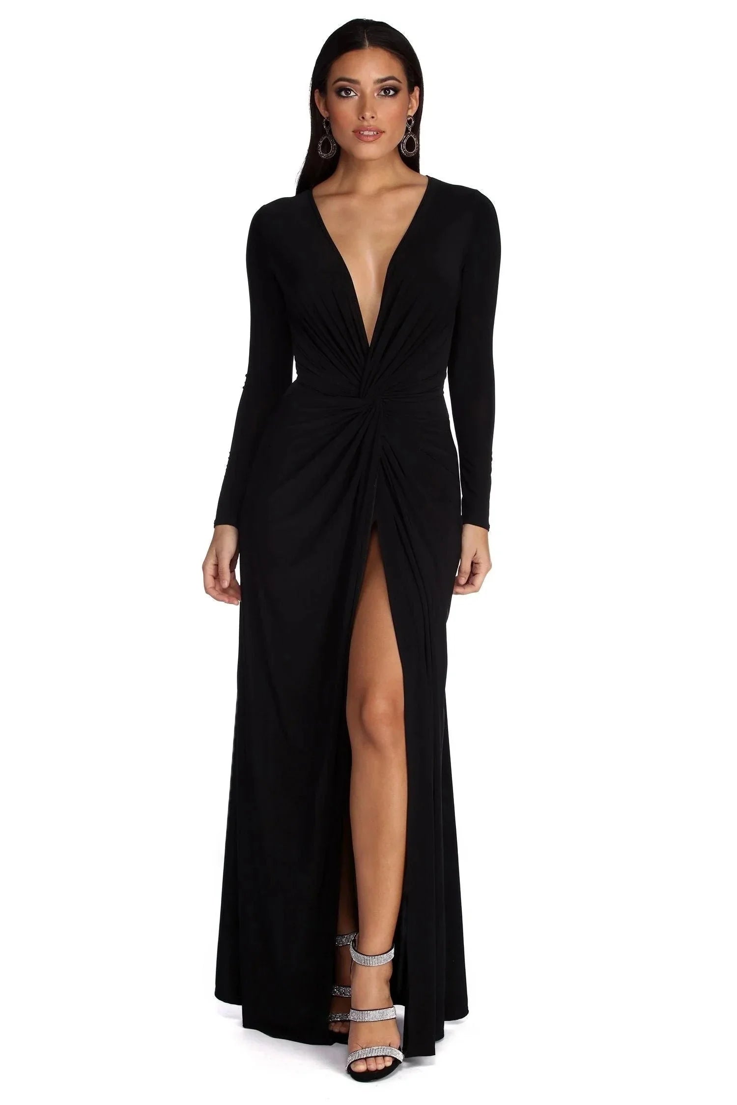 Women's Plain Maxi Dress | Long Sleeve Side Slit Evening Outfit 1 2
