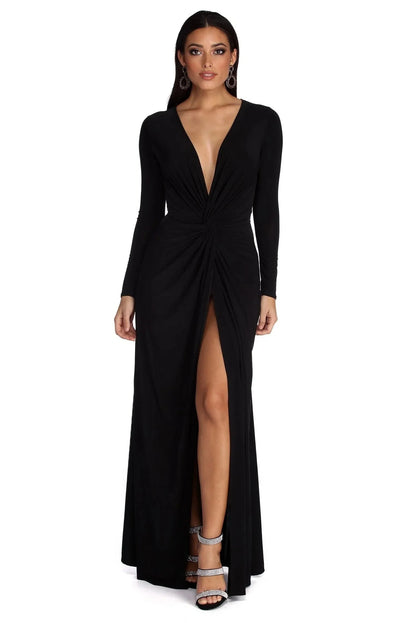 Women's Plain Maxi Dress | Long Sleeve Side Slit Evening Outfit 1 2