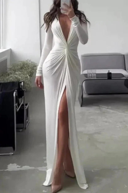Women's Plain Maxi Dress | Long Sleeve Side Slit Evening Outfit 4
