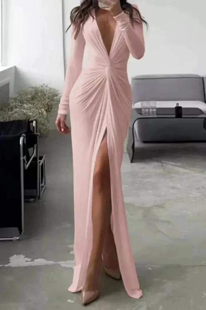 Women's Plain Maxi Dress | Long Sleeve Side Slit Evening Outfit 5