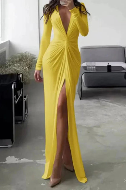 Women's Plain Maxi Dress | Long Sleeve Side Slit Evening Outfit 9