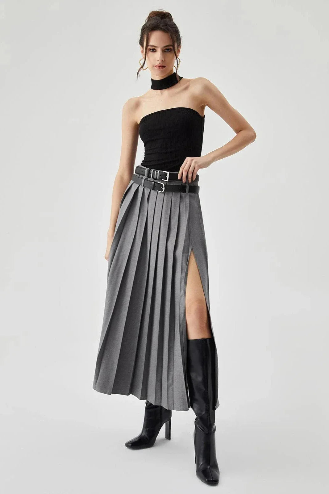 Women's Plain Maxi Skirt | Pleated Side Slit Formal Wear 1