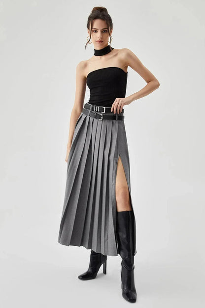Women's Plain Maxi Skirt | Pleated Side Slit Formal Wear 1