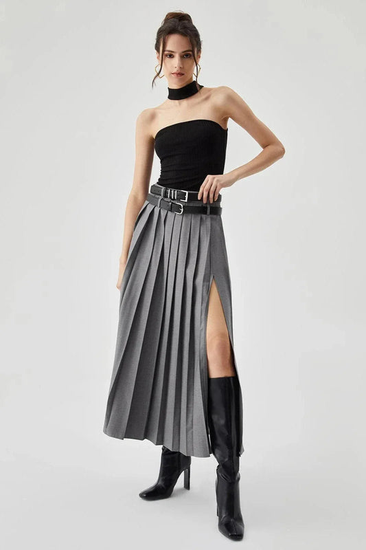 Women's Plain Maxi Skirt | Pleated Side Slit Formal Wear-Women Skirt-Sasha Sydney