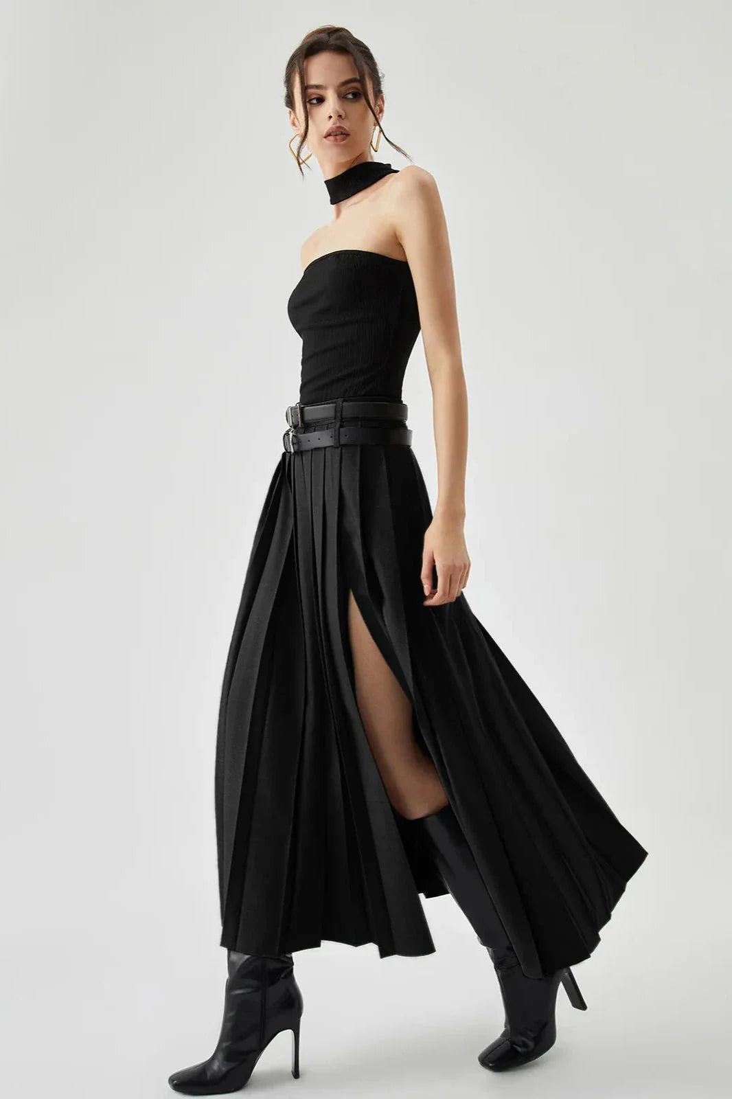 Women's Plain Maxi Skirt | Pleated Side Slit Formal Wear 4