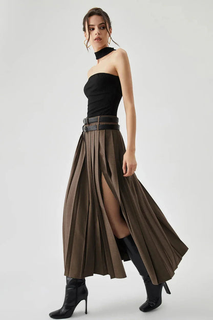 Women's Plain Maxi Skirt | Pleated Side Slit Formal Wear 7