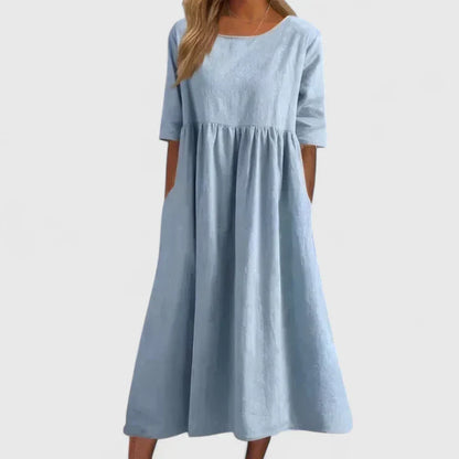 Women's Plain Midi Dress | Round Neck Pocket Casual Wear