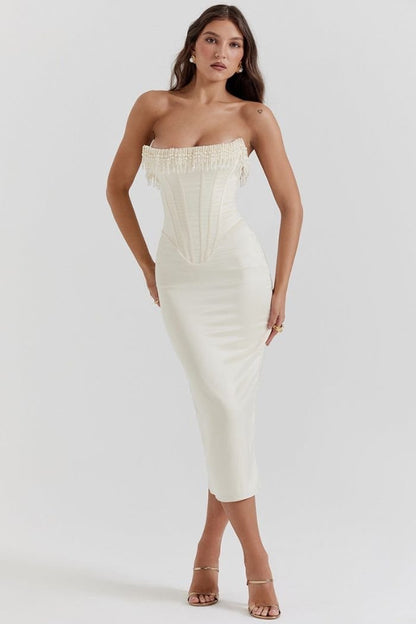 Women's Plain Midi Dress | Strapless Fringe Bridal Party 1