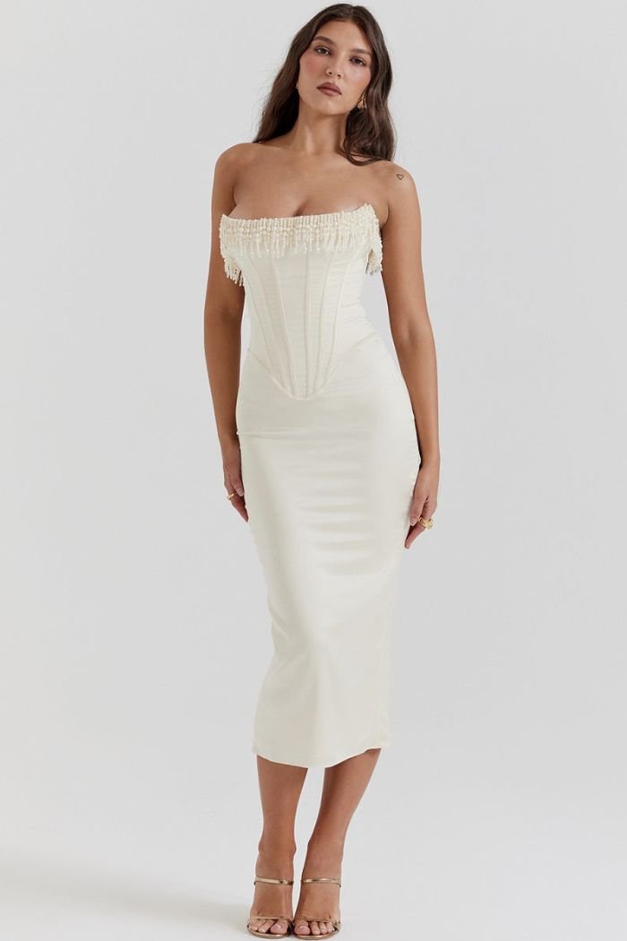 Women's Plain Midi Dress | Strapless Fringe Bridal Party 2
