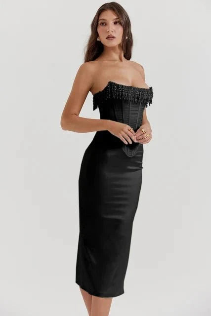 Women's Plain Midi Dress | Strapless Fringe Bridal Party 5