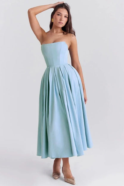 Women's Plain Midi Dress | Strapless Pleated Cocktail Apparel 1
