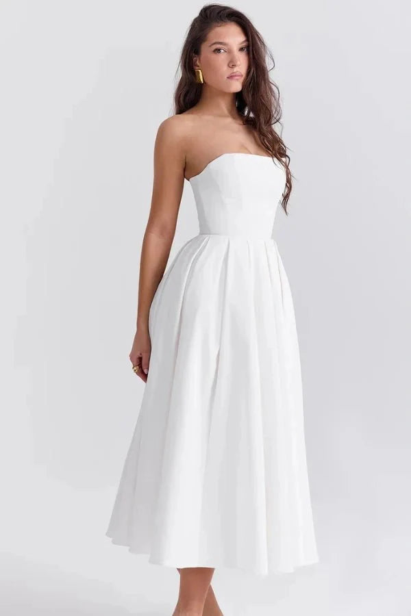 Women's Plain Midi Dress | Strapless Pleated Cocktail Apparel 10