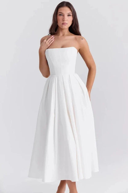 Women's Plain Midi Dress | Strapless Pleated Cocktail Apparel 11