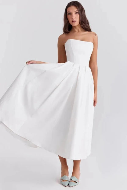 Women's Plain Midi Dress | Strapless Pleated Cocktail Apparel 12