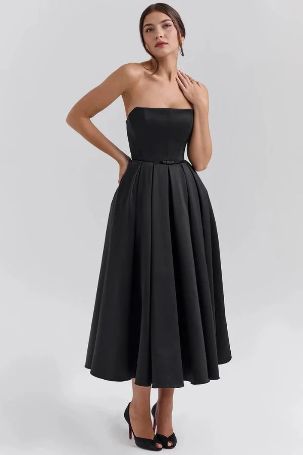 Women's Plain Midi Dress | Strapless Pleated Cocktail Apparel 13