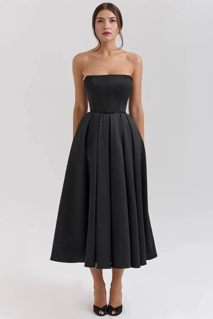 Women's Plain Midi Dress | Strapless Pleated Cocktail Apparel 14