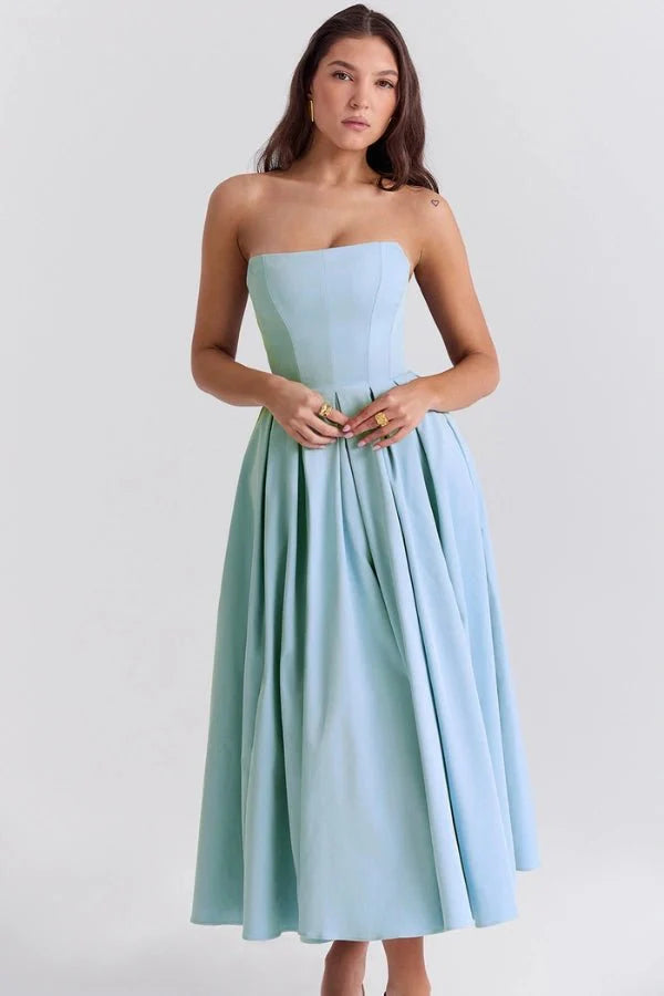 Women's Plain Midi Dress | Strapless Pleated Cocktail Apparel 2