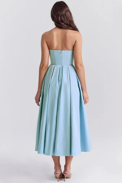 Women's Plain Midi Dress | Strapless Pleated Cocktail Apparel 3