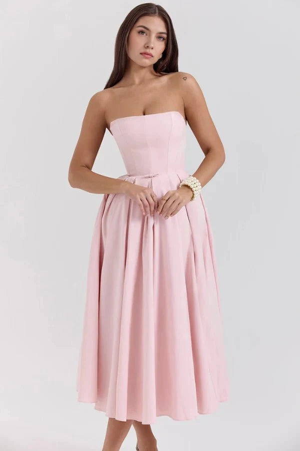 Women's Plain Midi Dress | Strapless Pleated Cocktail Apparel 4