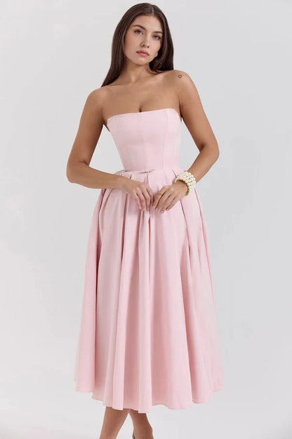 Women's Plain Midi Dress | Strapless Pleated Cocktail Apparel 4