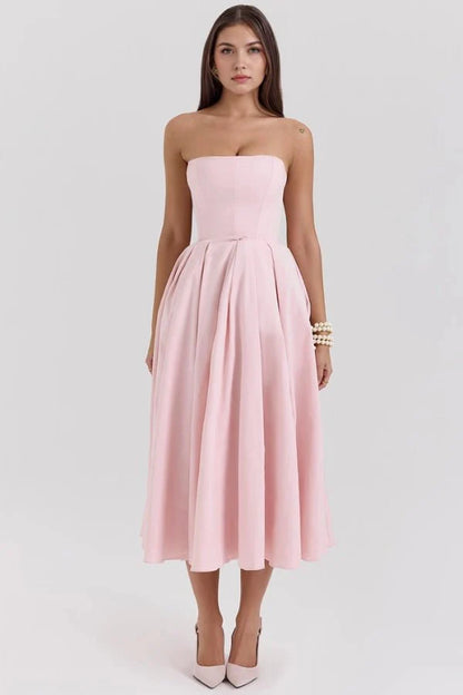 Women's Plain Midi Dress | Strapless Pleated Cocktail Apparel 5