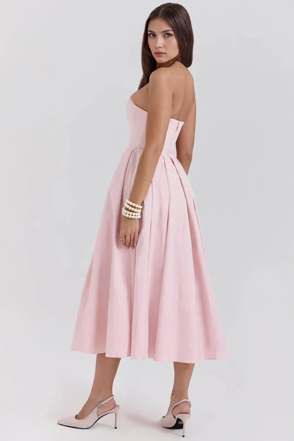 Women's Plain Midi Dress | Strapless Pleated Cocktail Apparel 6