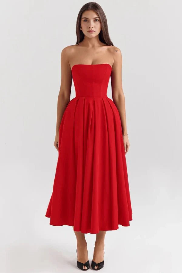 Women's Plain Midi Dress | Strapless Pleated Cocktail Apparel 8