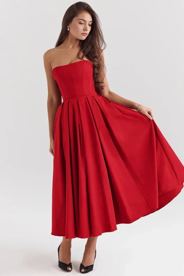 Women's Plain Midi Dress | Strapless Pleated Cocktail Apparel 9