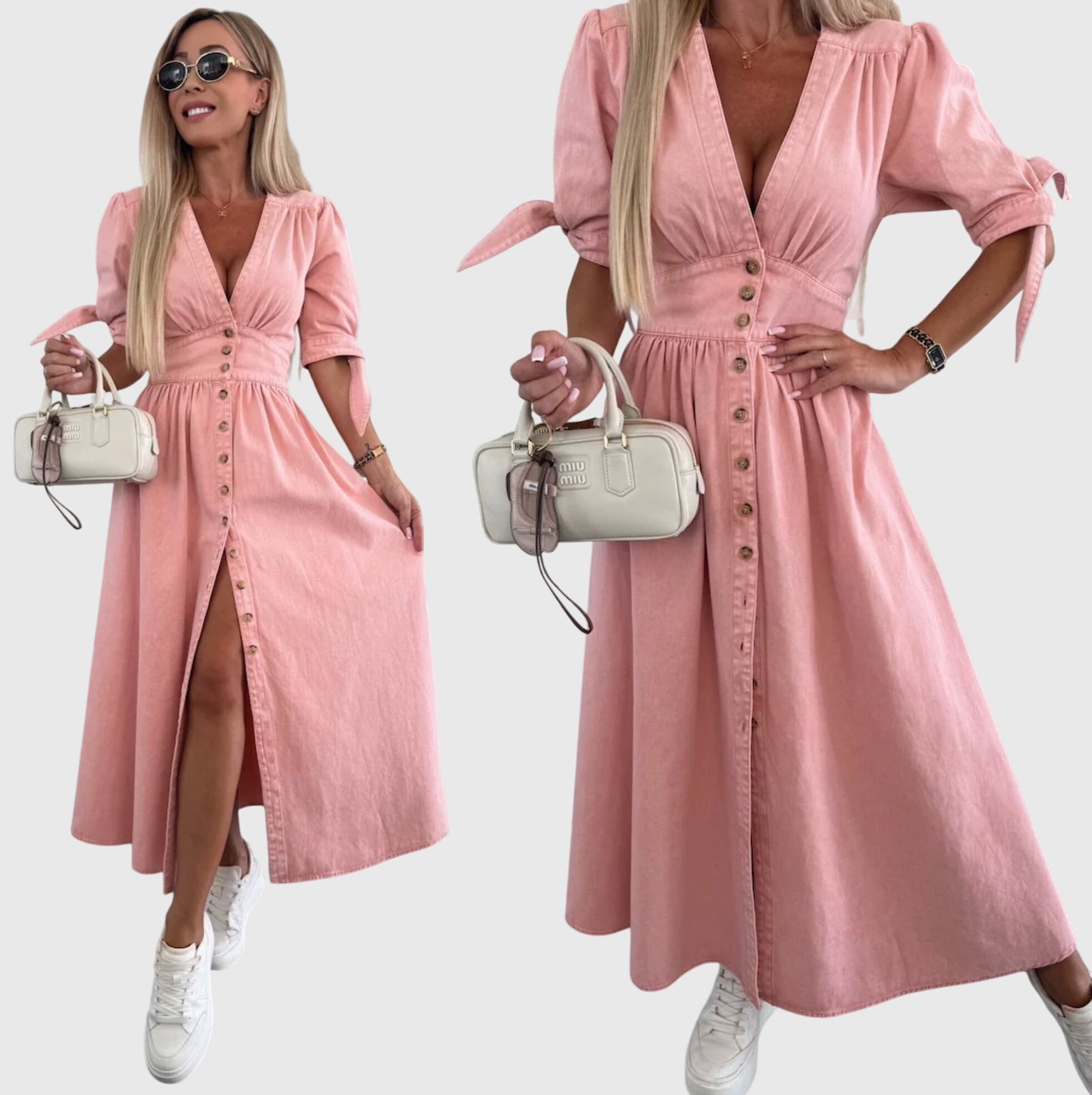 Women's Plain Midi Dress | V Neck Button Front Casual Wear