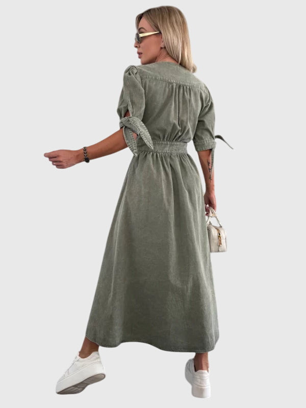 Women's Plain Midi Dress | V Neck Button Front Casual Wear 10