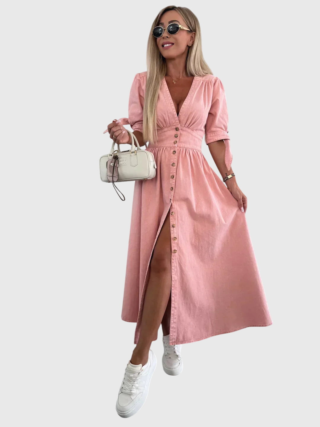 Women's Plain Midi Dress | V Neck Button Front Casual Wear 3