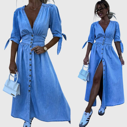 Women's Plain Midi Dress | V Neck Button Front Casual Wear 4