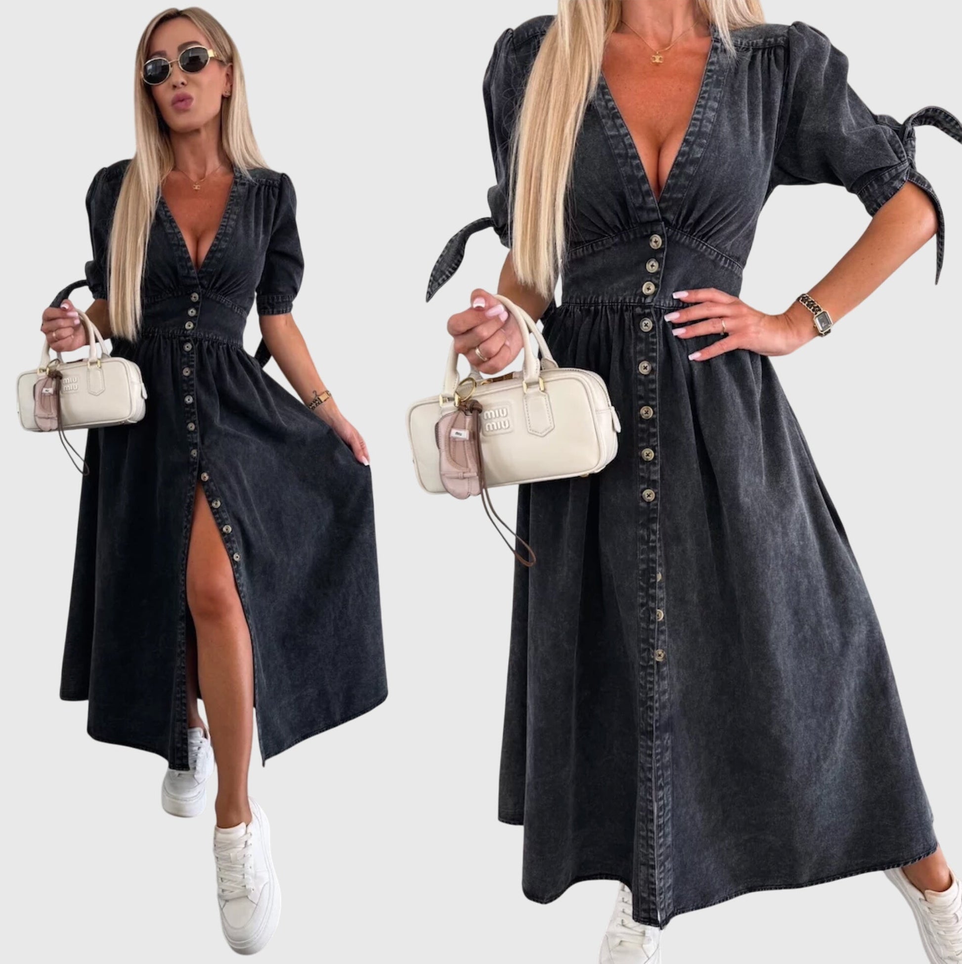 Women's Plain Midi Dress | V Neck Button Front Casual Wear 5