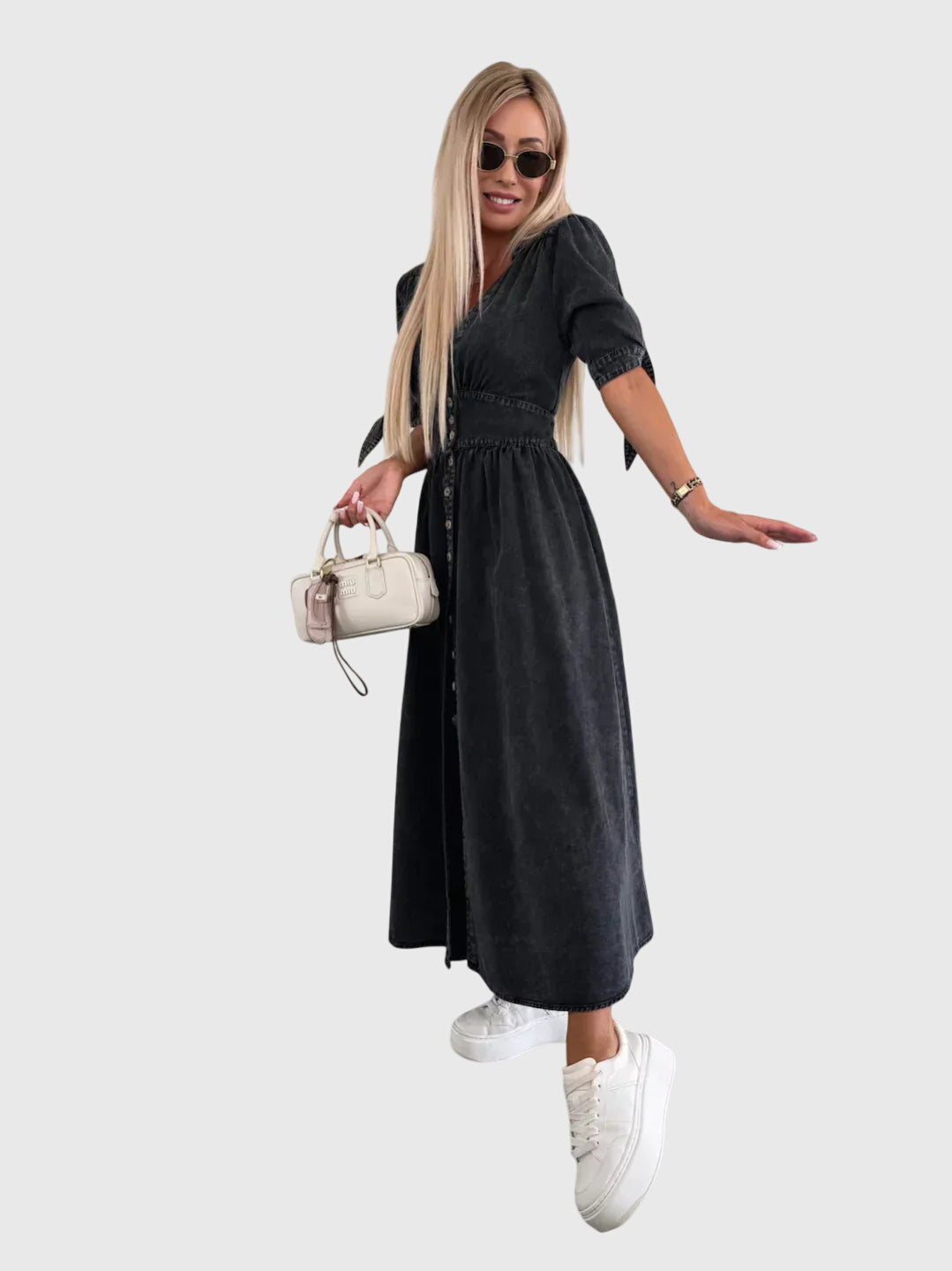 Women's Plain Midi Dress | V Neck Button Front Casual Wear 7